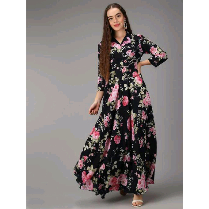 Long Elegant Floral Print Dress with a Side Slit – R&M Richards